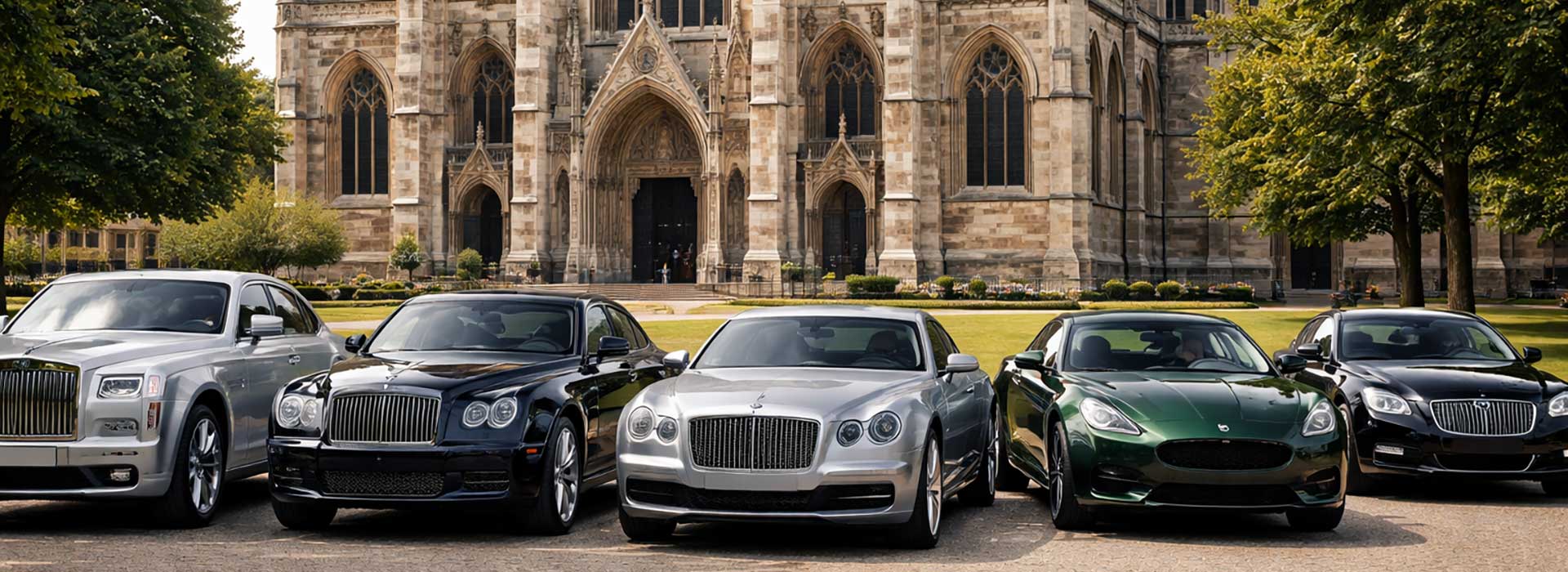 British cars parked outside an English cathedral