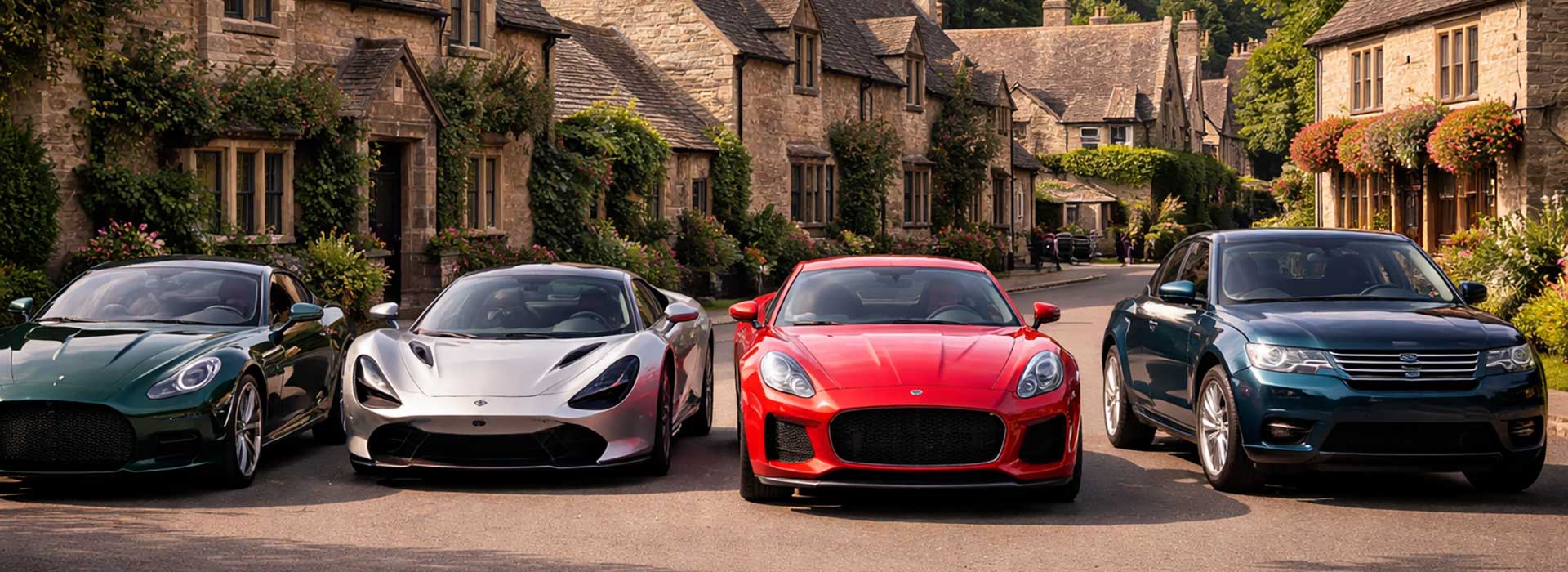 FTop British cars parked in an English Village