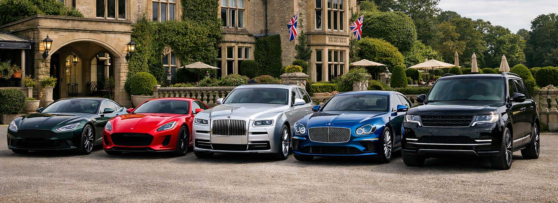 British cars outside an English country house