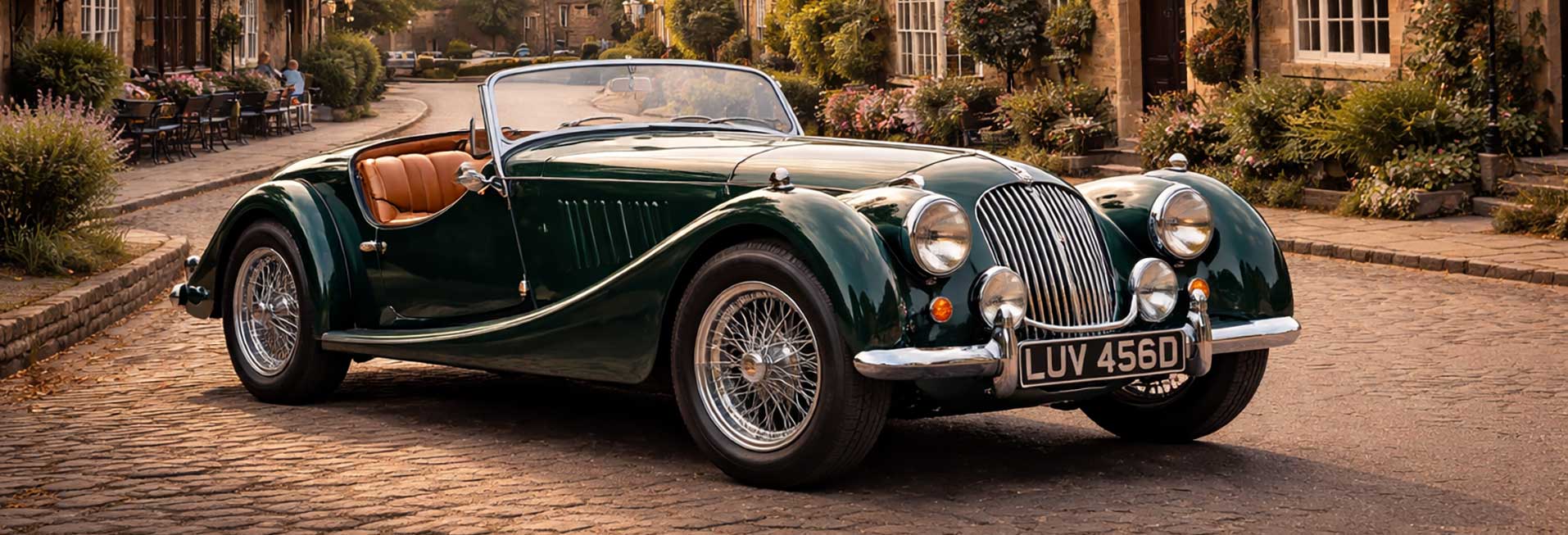 A Morgan +4 parked in an English village