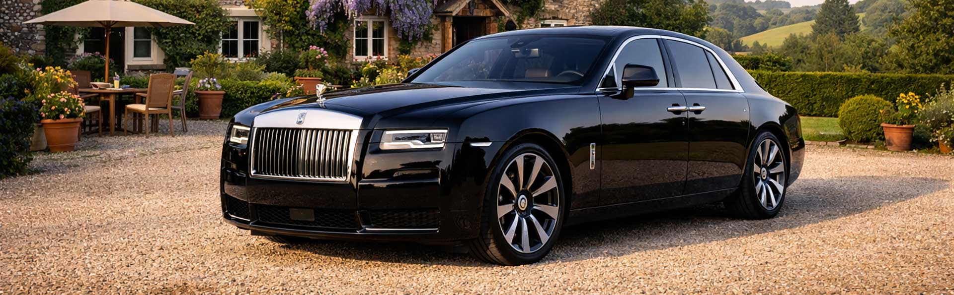 A Rolls Ryce parked outside a country house